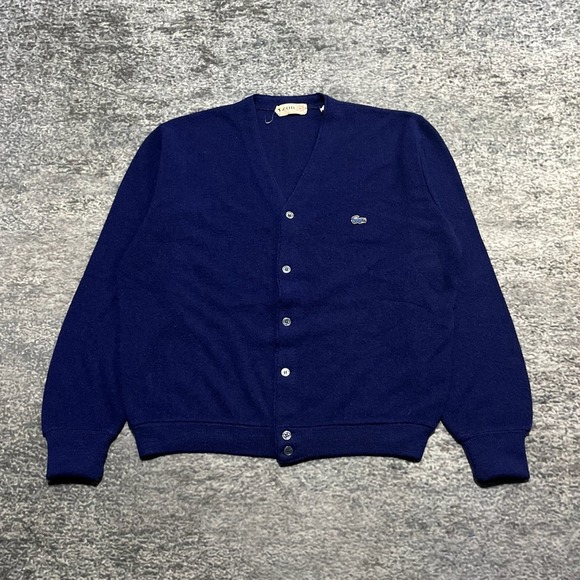 Vintage IZOD Lacoste London Cardigan Sweater Size XL Blue Made In USA 70s Preppy